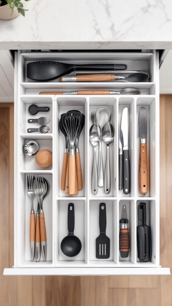 Organized kitchen drawer with wooden dividers holding various utensils.