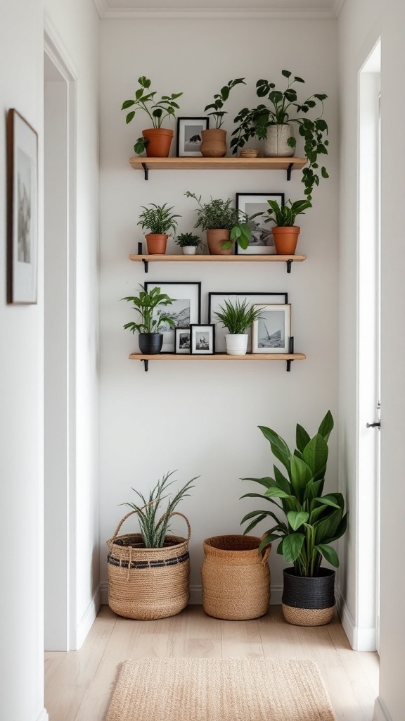 A well-organized wall with shelves displaying plants and framed photos.