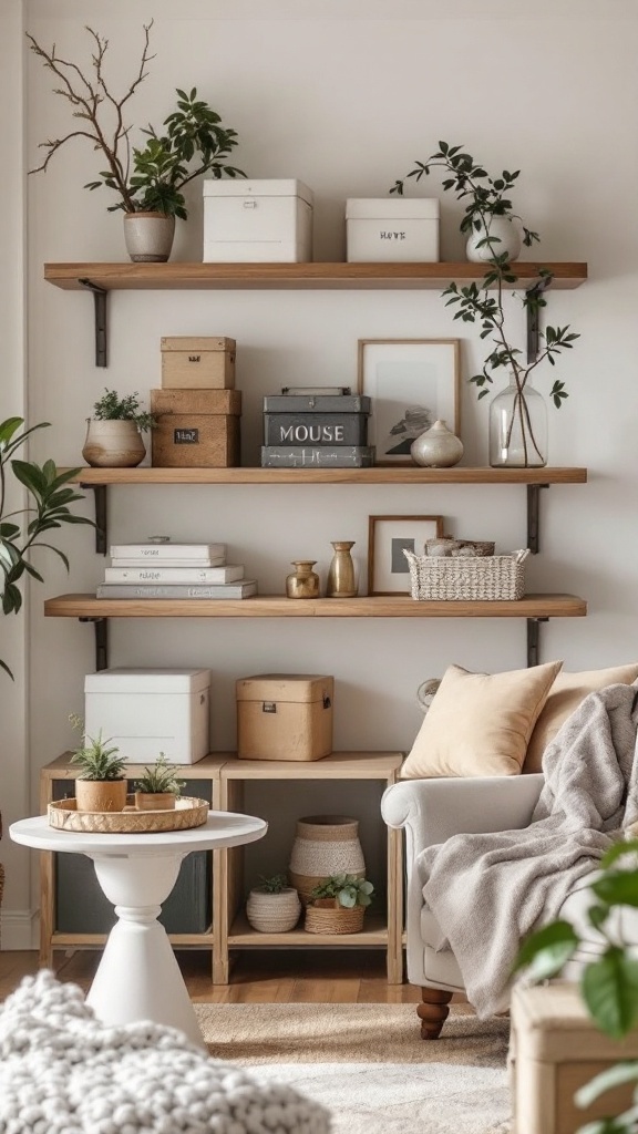 A shelf with various decorative boxes and plants, showcasing smart storage solutions for small spaces.