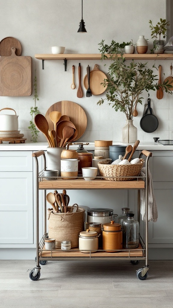 A stylish kitchen cart with various kitchen utensils and storage containers.