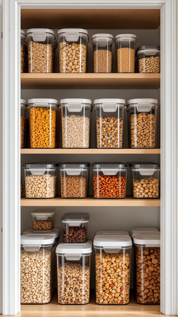 A neatly organized pantry with clear storage containers filled with various snacks and ingredients.