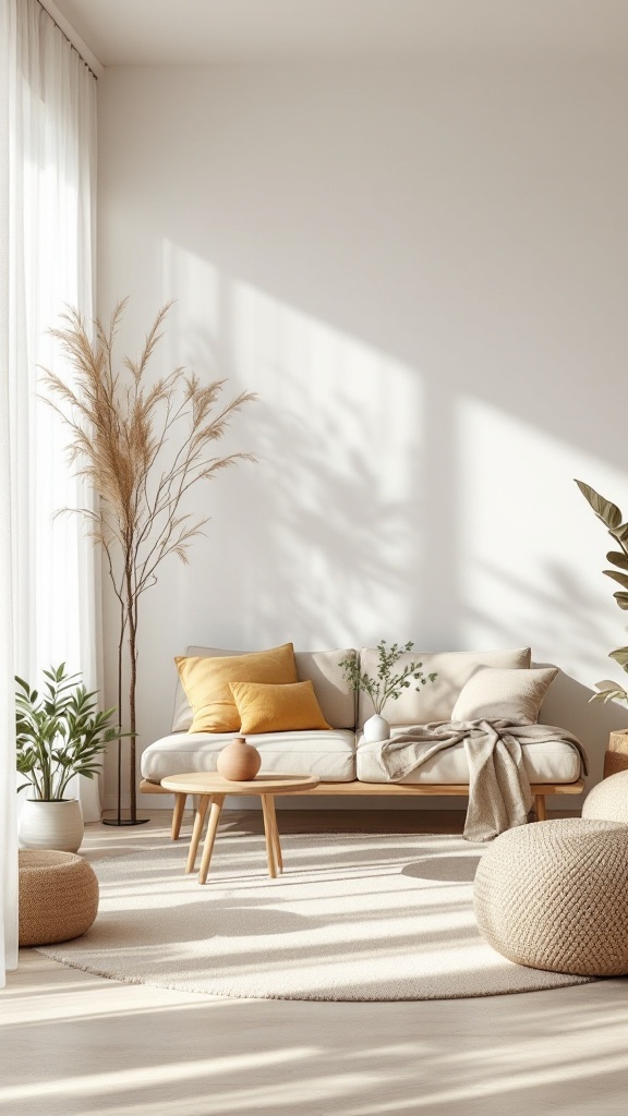 A cozy living room with minimal furniture and decor, featuring plants and natural light.