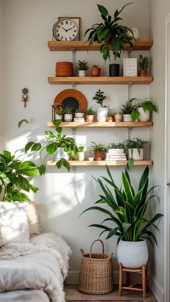 A cozy living room corner with wooden shelves holding various plants and decorations