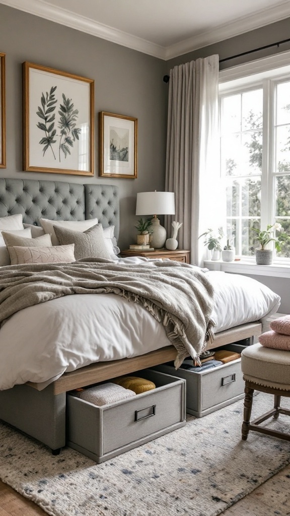 A wooden bed with a lifted mattress revealing storage baskets underneath.