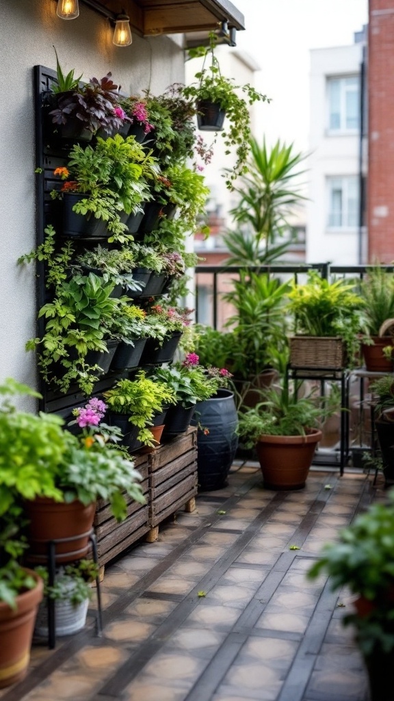 A balcony with vertical garden planters filled with various plants and flowers.