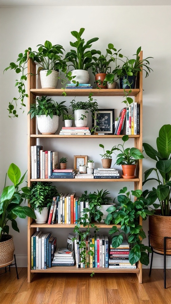 A stylish DIY shelving unit filled with books and plants.