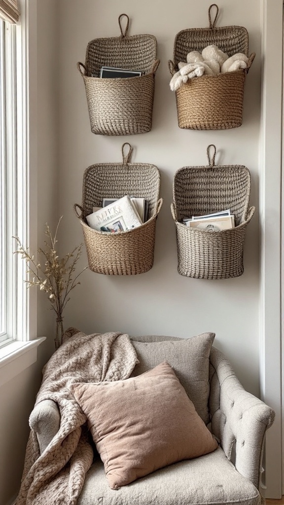 Four wall-mounted woven baskets holding books and soft items, with a cozy chair and decorative plant nearby.