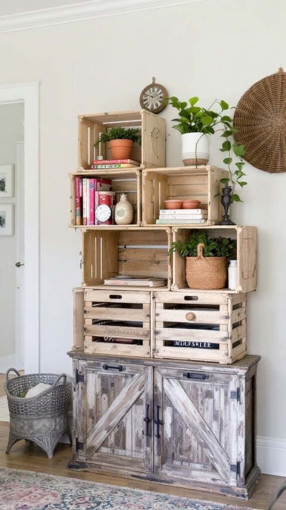 A cozy living room featuring reclaimed wood crates used for storage and decor.