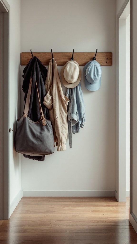 A wooden hook rack on a wall with various clothing items and hats hanging.