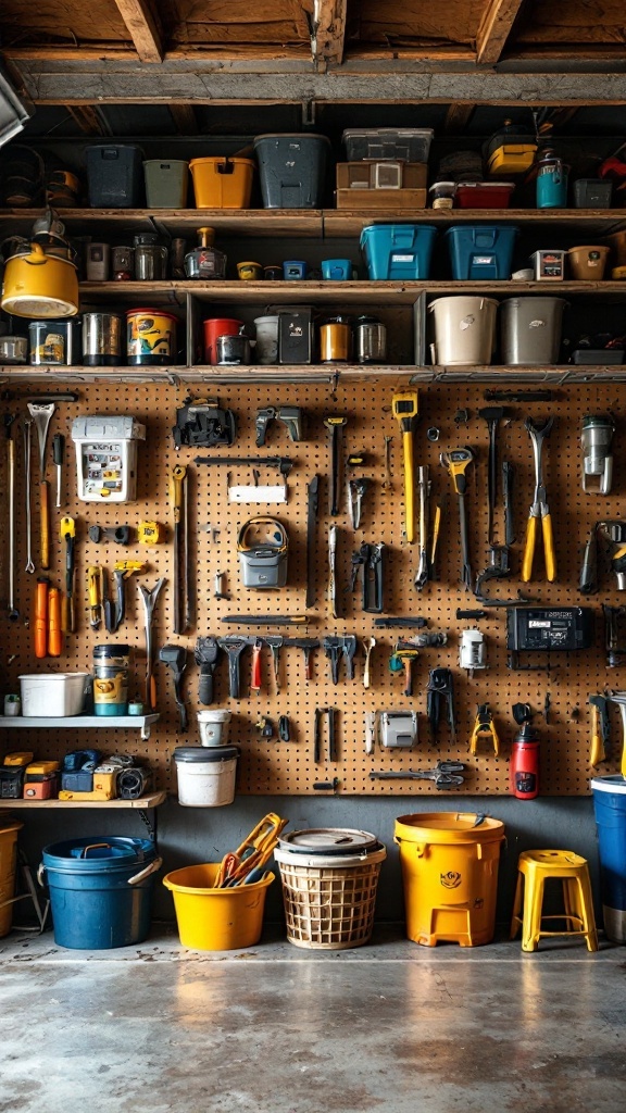 A well-organized pegboard wall displaying various tools and storage bins.