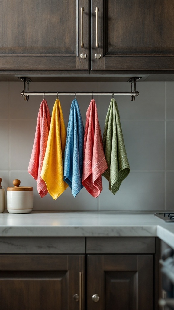 Colorful dish towels hanging on a tension rod in a kitchen