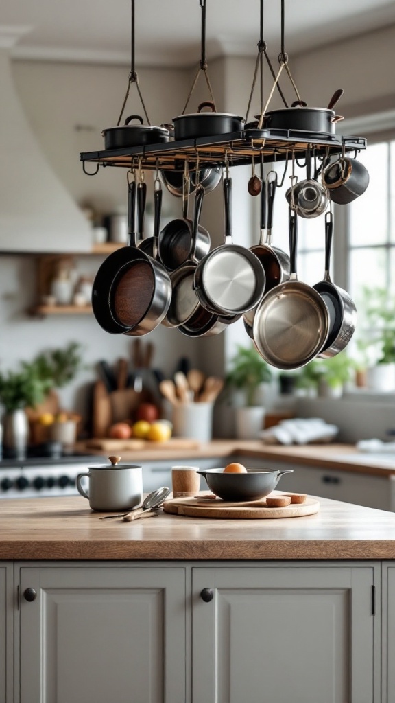 A kitchen with a hanging pot rack above an island, showcasing various pots and pans.