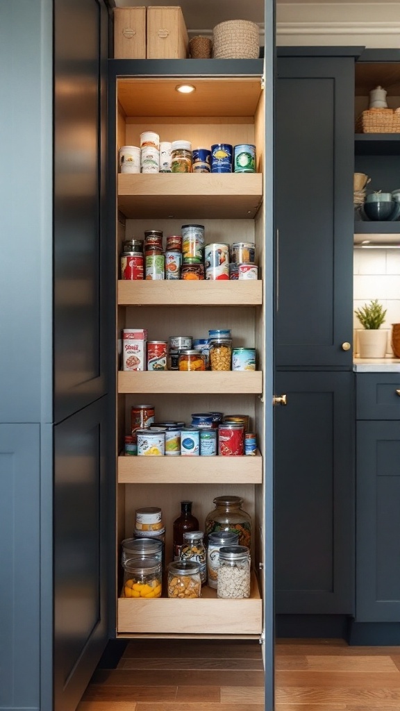 A well-organized pull-out pantry filled with various jars and cans.