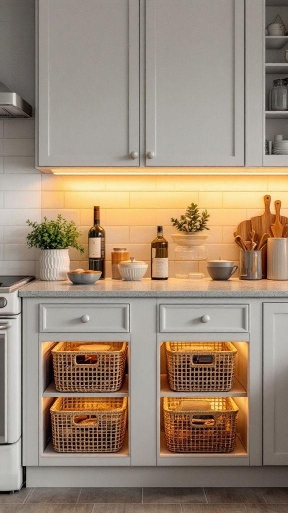 A small kitchen with under-cabinet lighting and woven baskets for storage.