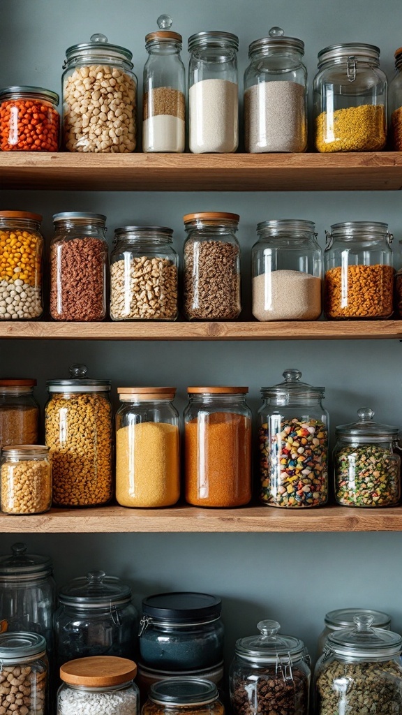 Shelf with neatly arranged glass jars containing various pantry items like grains, legumes, and spices.