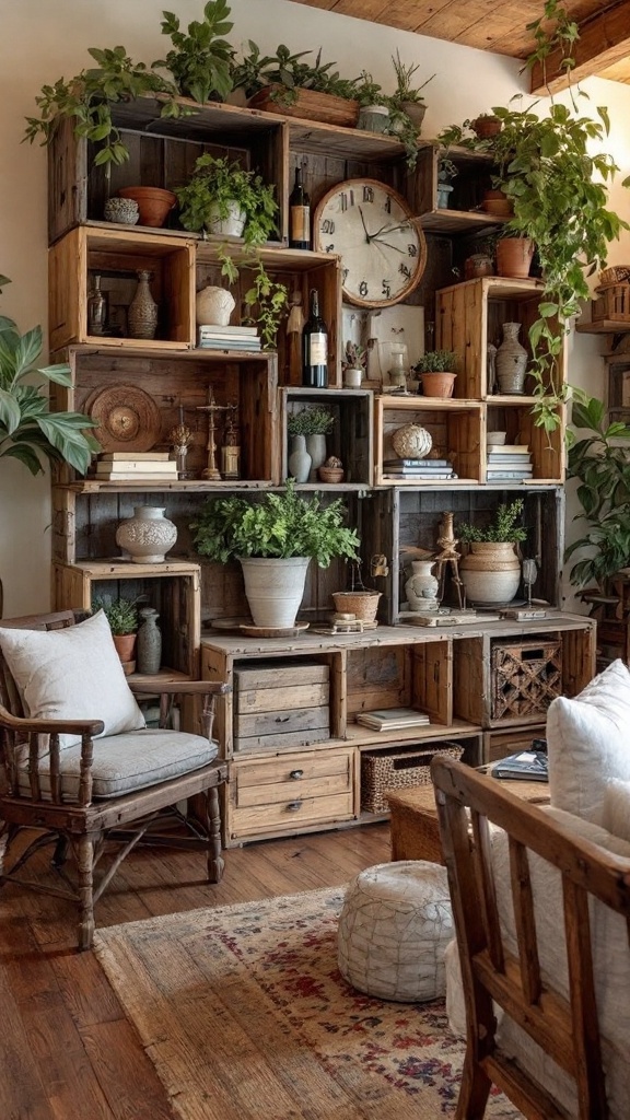 Stylish wooden crates used for storage in a cozy living space.