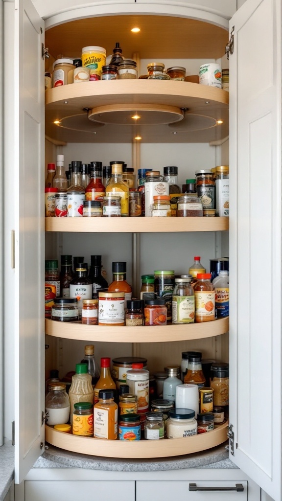 A well-organized kitchen cabinet featuring a lazy Susan with jars and bottles of various spices and condiments.