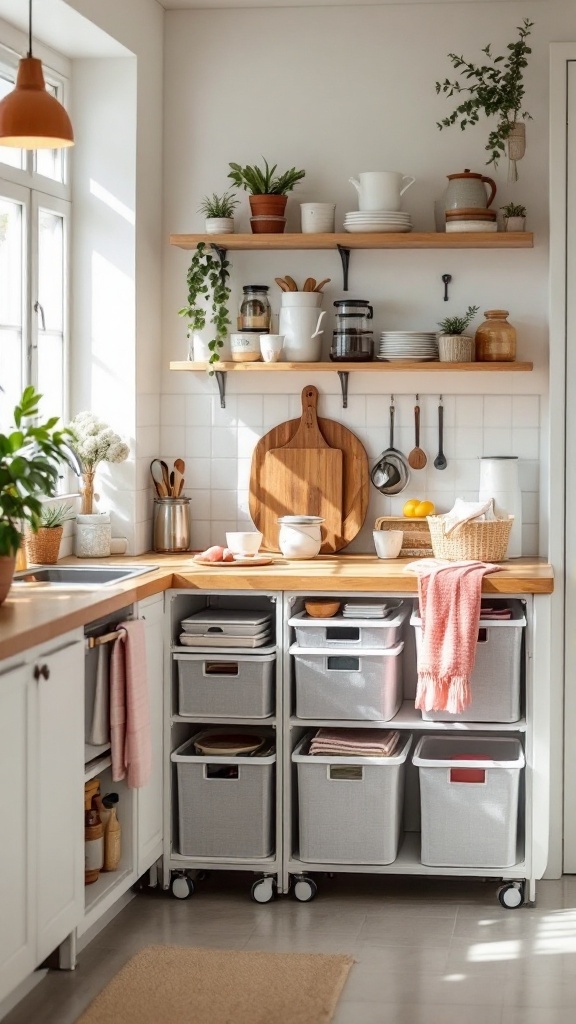 A well-organized kitchen with portable storage boxes and open shelves.