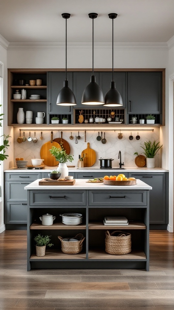 A stylish kitchen island with storage and a marble countertop.