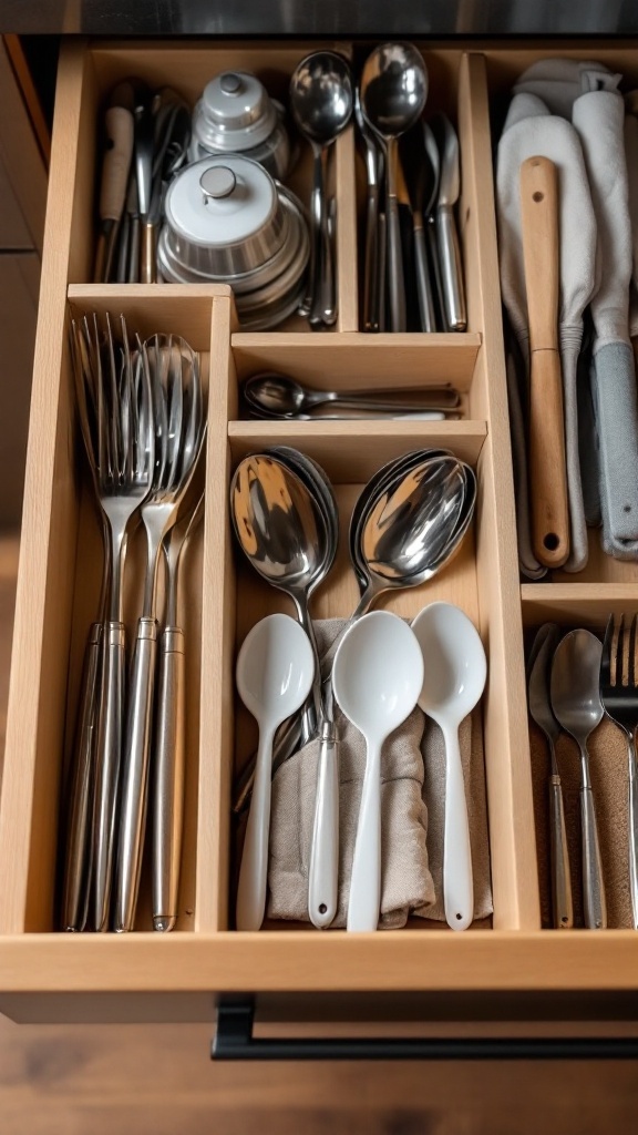 An organized kitchen drawer with dividers separating various utensils like spoons, forks, and knives.