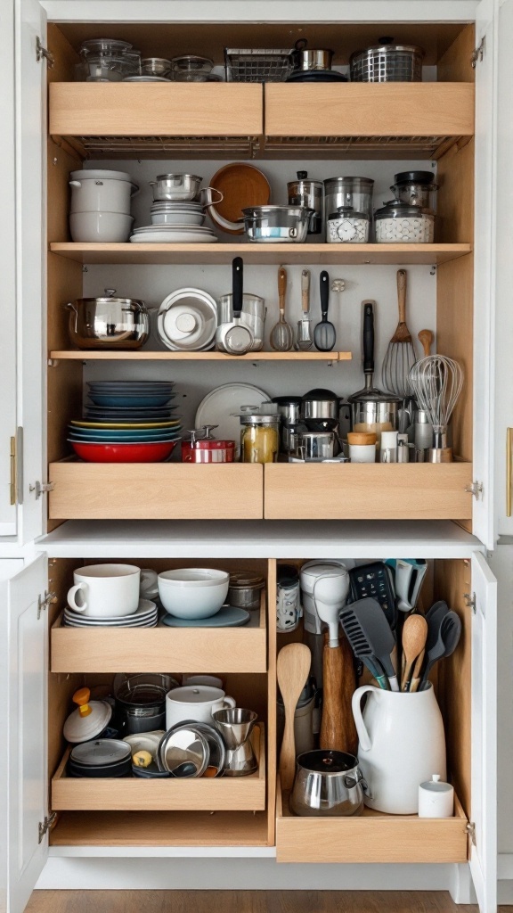 Organized kitchen cabinet with various small items in customized inserts