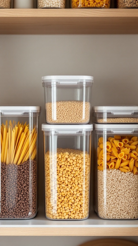 Stackable containers filled with various dry goods like pasta and grains on a shelf.