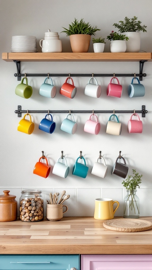 Colorful mugs hanging on cup hooks in a stylish kitchen