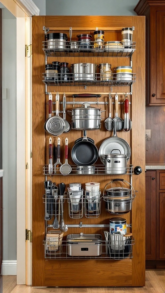 Over-the-door organizer with pots, pans, and kitchen items hanging on a wooden door.