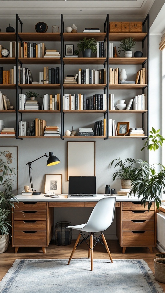 A stylish ladder bookcase filled with books, plants, and decorative items, next to a desk in a cozy home office.