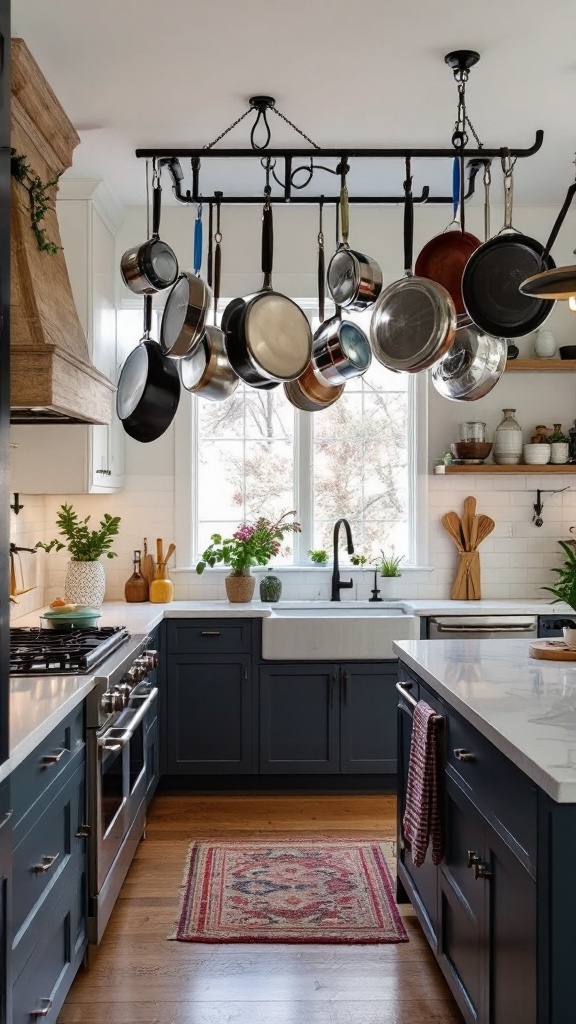 Kitchen with hanging pots and pans on bike hooks