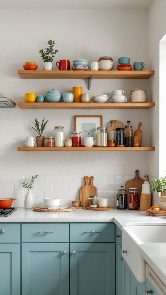 Open shelving in a small kitchen displaying colorful dishes and jars.