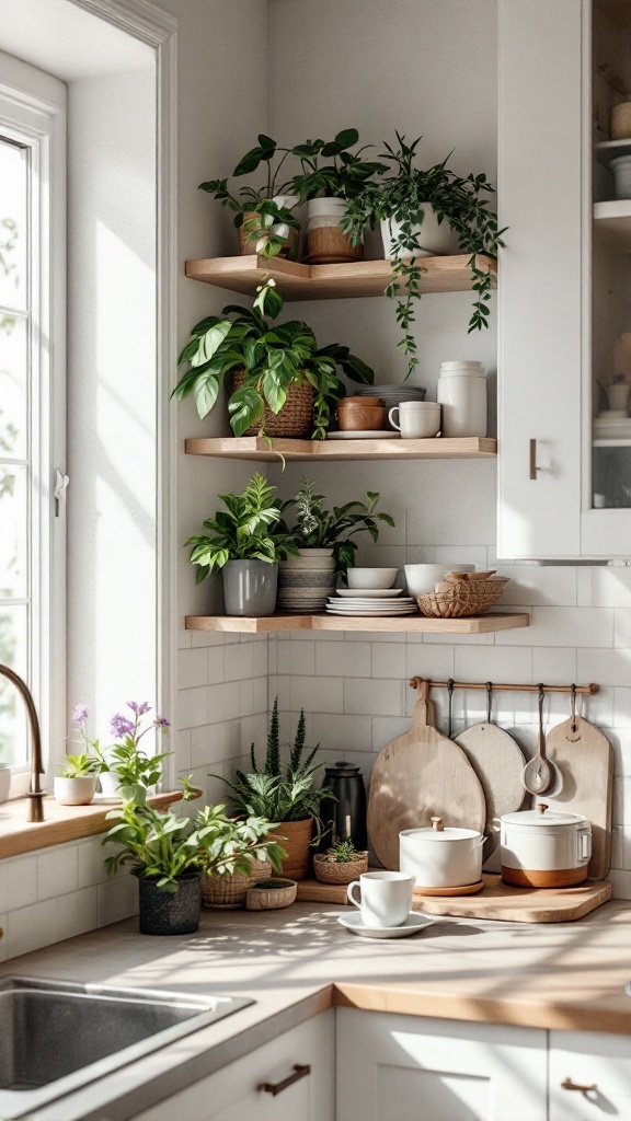 Bright kitchen corner featuring wooden shelves with plants and dishware.