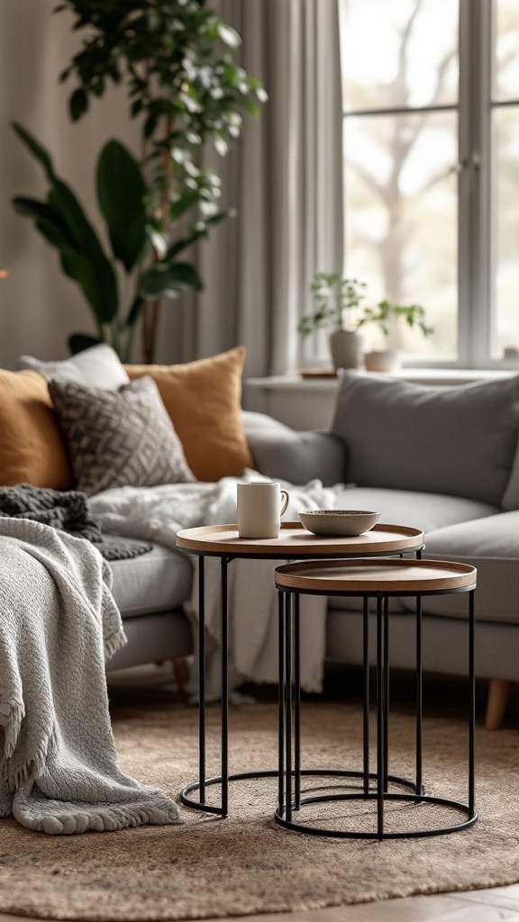 Cozy living room with nesting tables, a couch, and decorative plants.