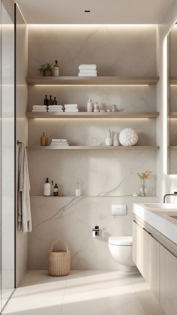 Stylish bathroom with open shelving displaying towels and toiletries.