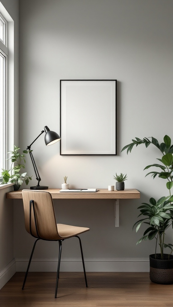 A minimalist wall-mounted desk with a chair and plants beside it.