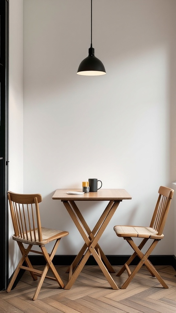 A small, minimalist dining area featuring a foldable table and two foldable chairs.