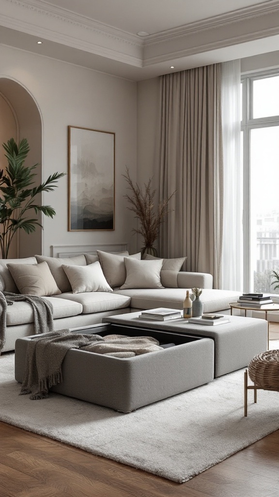 A cozy living room featuring a light-colored sofa, a storage ottoman, and a soft area rug.