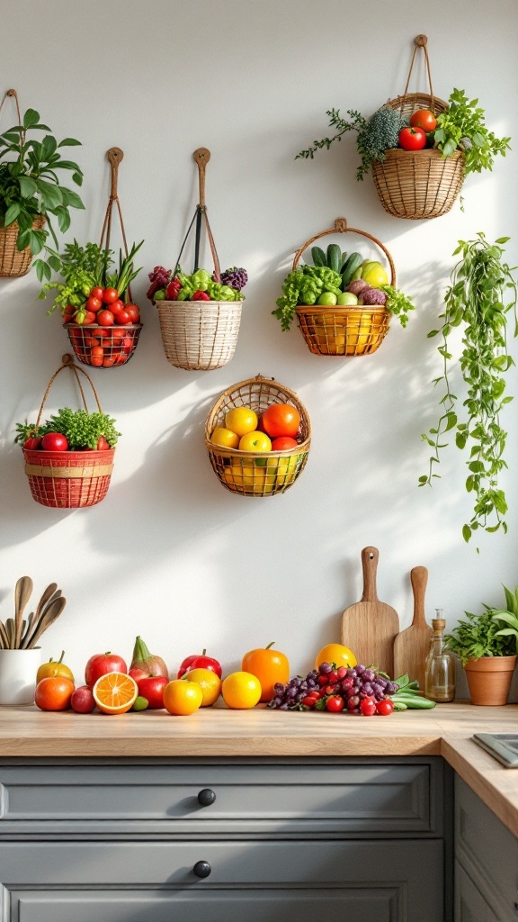 A collection of wall-mounted baskets filled with fresh fruits and vegetables, enhancing kitchen decor.