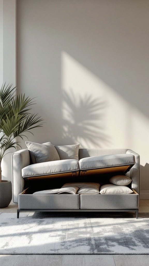 A grey couch with a lifted cushion, revealing hidden storage underneath.