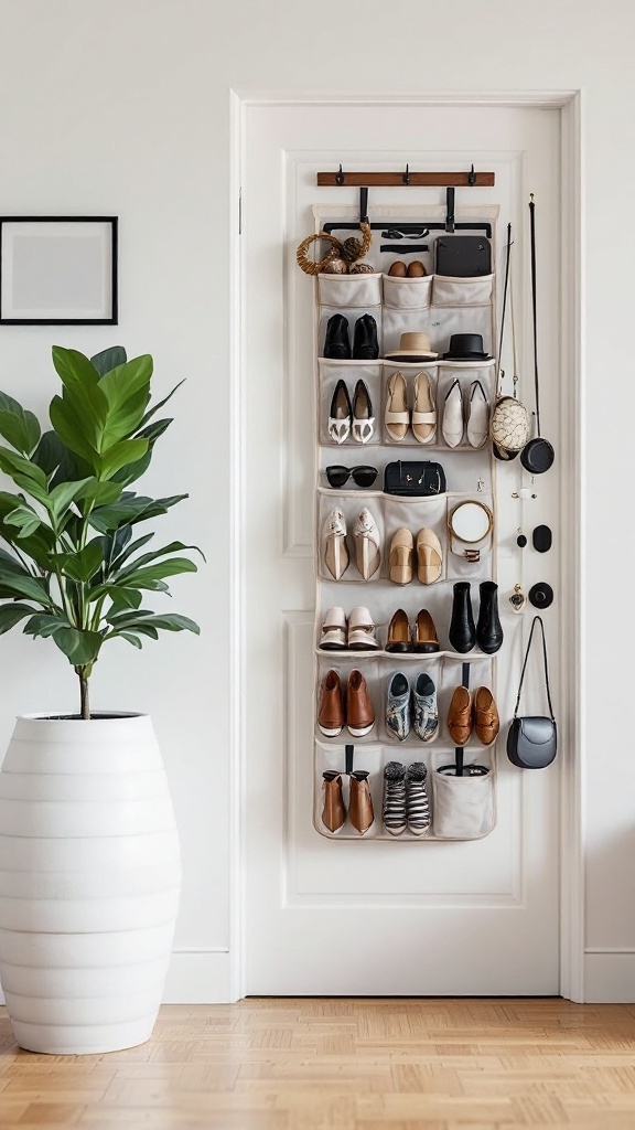 A stylish over-the-door organizer displaying shoes and accessories.