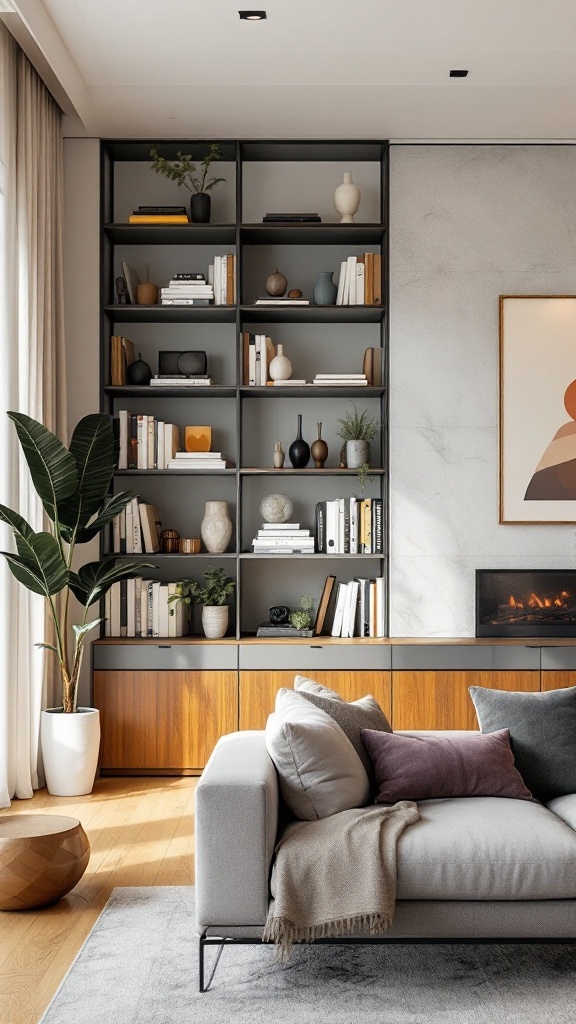 A modern living room featuring a tall vertical shelving unit filled with books and decorative items.