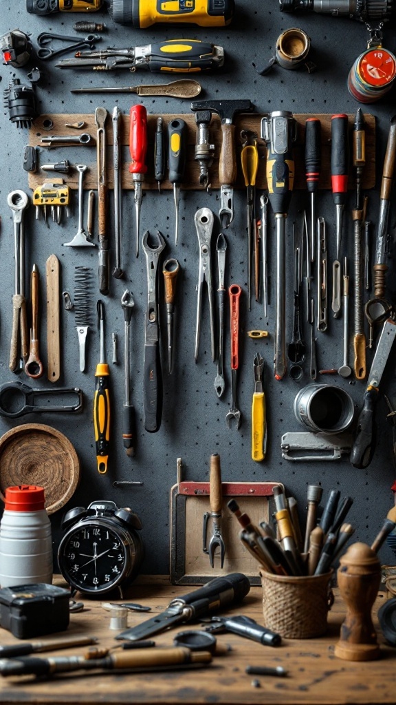 A variety of small tools organized on a wall with magnetic strips.