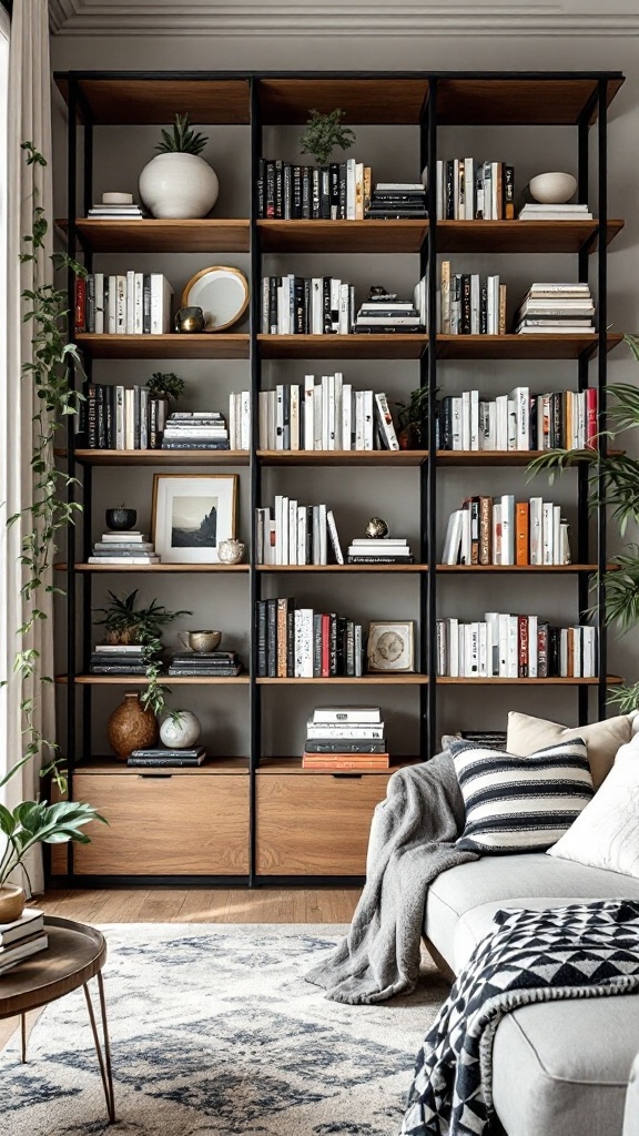 Stylish vertical shelving with plants, books, and decorative items in a tidy room