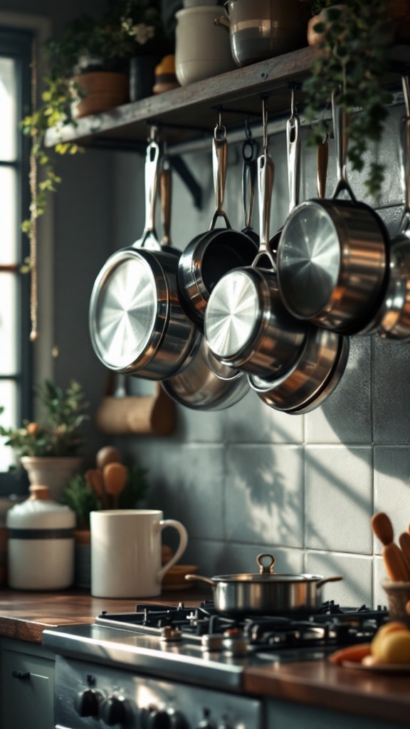 A modern kitchen featuring a hanging pot rack with shiny pots and greenery, enhancing the space's organization and style.