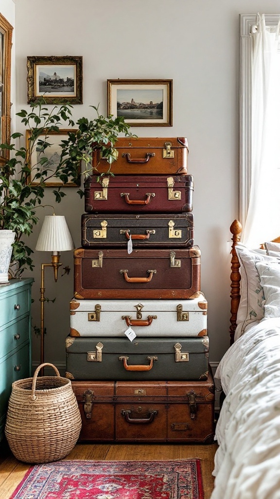 A stack of vintage suitcases arranged in a cozy room.