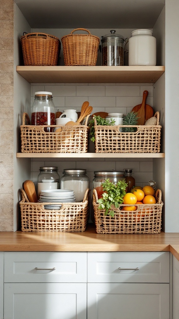 An organized cabinet with baskets containing various items.