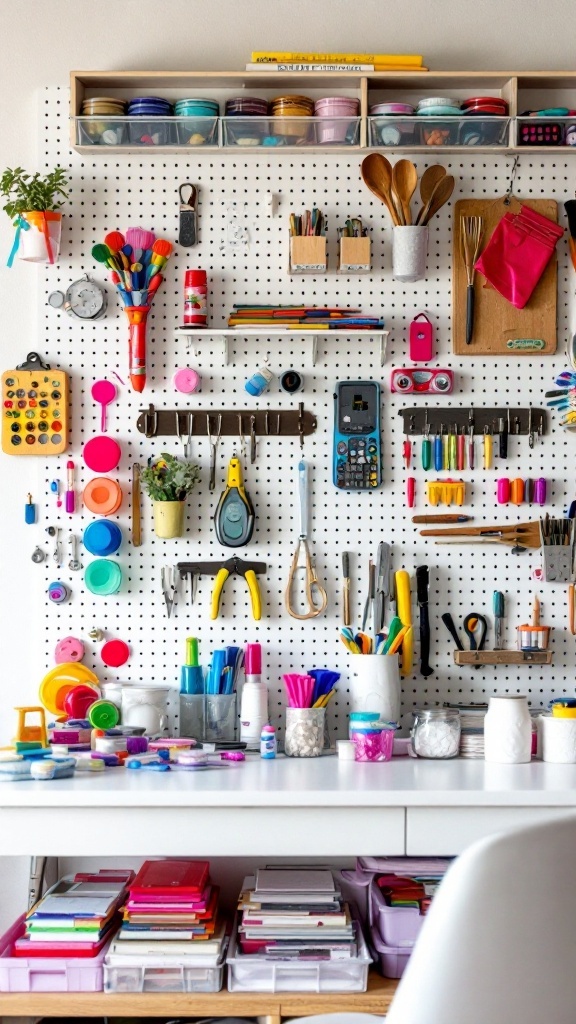 A vibrant pegboard displaying various crafting tools and supplies.