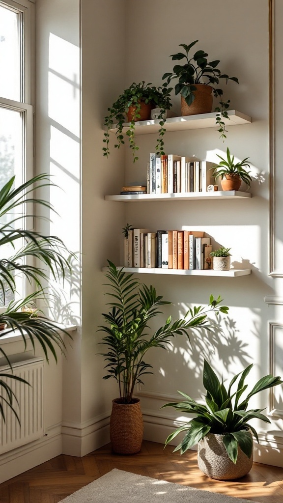 Corner shelves with books and plants, enhancing a small space.