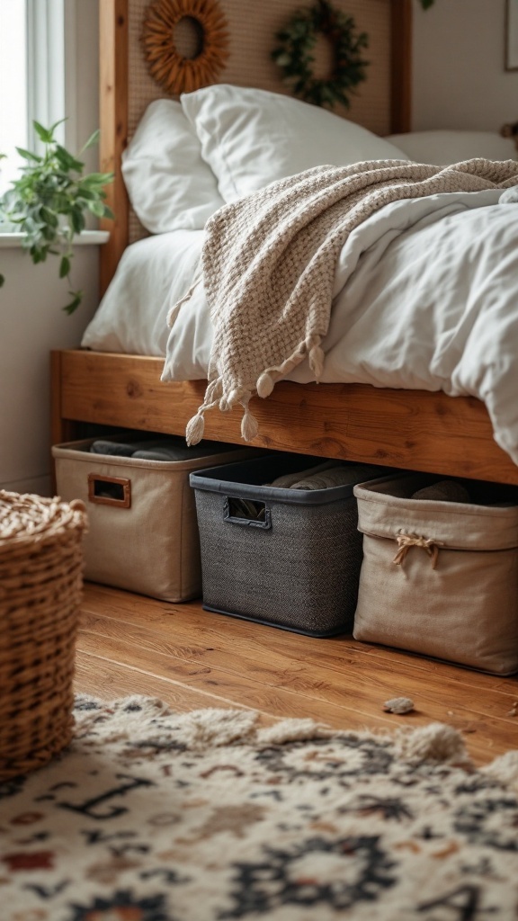 A cozy bedroom with under-bed storage bins and a neatly arranged bed.