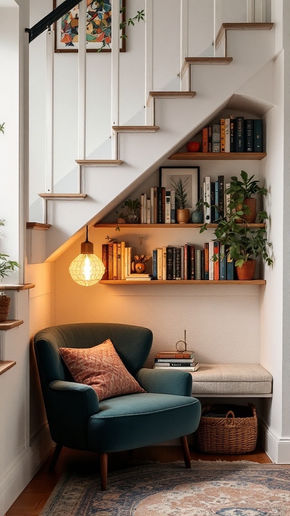 Cozy under-stairs storage with bookshelves, a chair, and decorative plants.